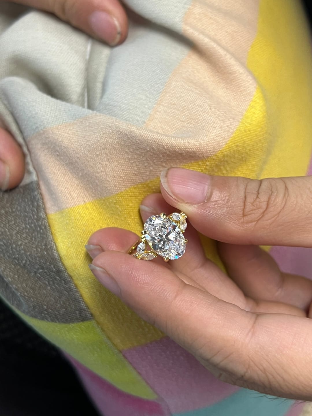 Customer photo review of Louily Sparkle Five Stone Yellow Gold Oval Cut Engagement Ring In Sterling Silver