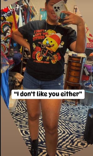 Customer photo review of I Don't Like You Either Cutie Candy Corn HalloweenT-Shirt