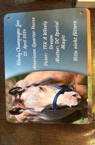 Customer photo review of Pferde Boxenschild mit Foto & Wunschtext (UV- und wetterfest)