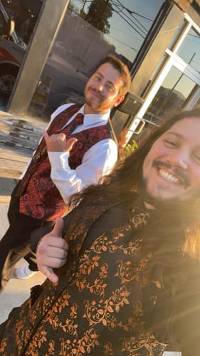 Customer photo review of Black Golden Floral Jacquard Silk Men's Vest Hanky Cufflinks Tie Set