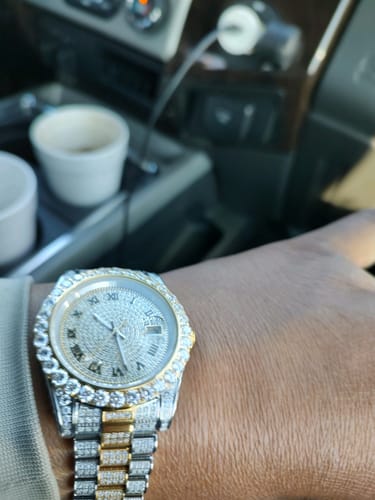 Customer photo review of Moissanite Presidential Watch | 41MM | Roman Numeral Dial | 18.3CT Iced Out | 14K White and Yellow Gold Two Tone