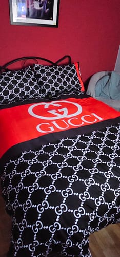 Customer photo review of Black and Red Gucci bed set