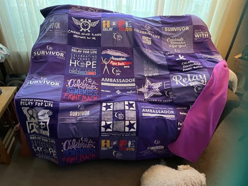 T-shirt quilt with cancer awareness, charity themes by Jackie from CA