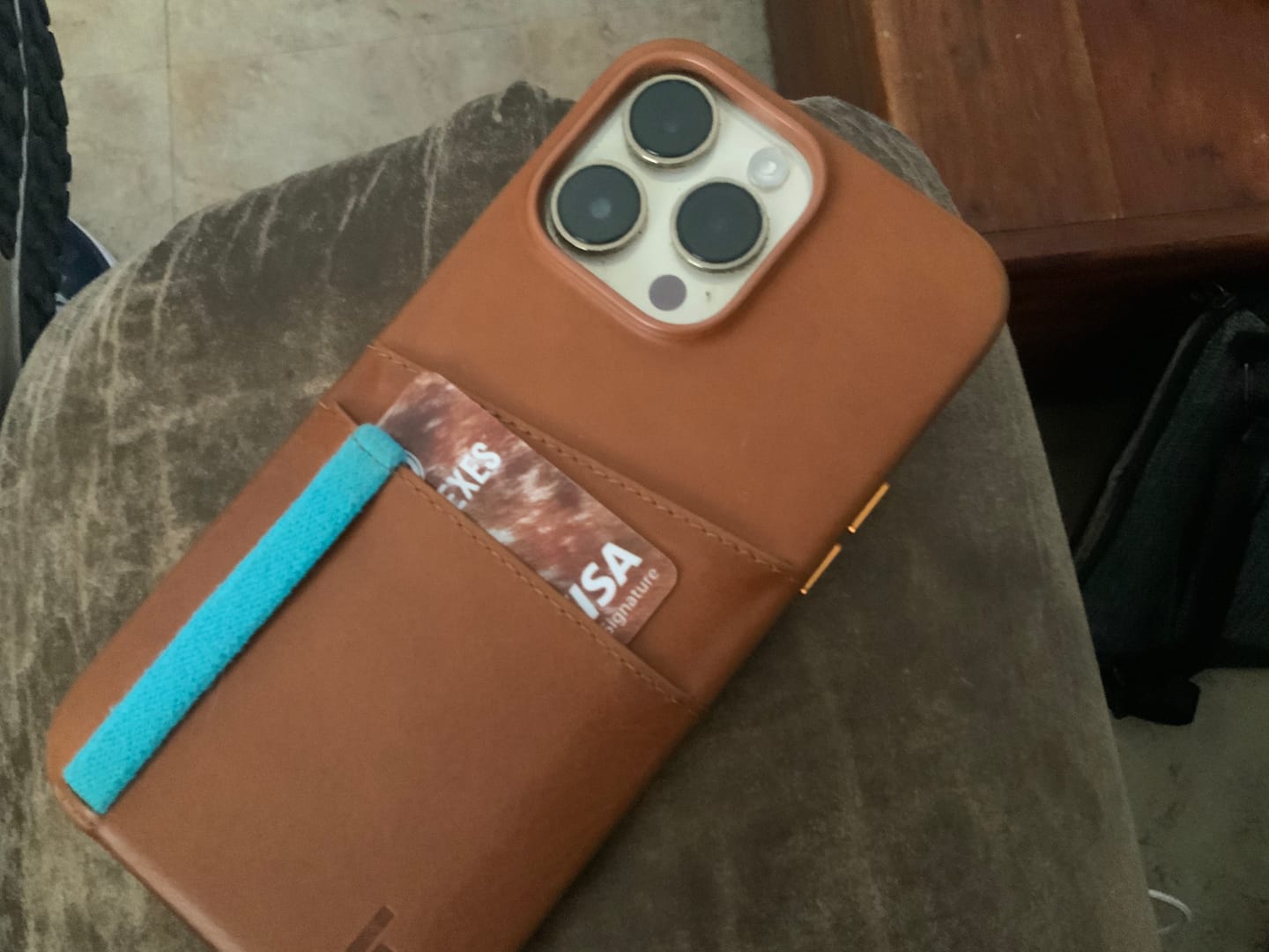 Customer photo review of Leather iPhone 14 Pro Max Card Holder Case - Saddle Tan
