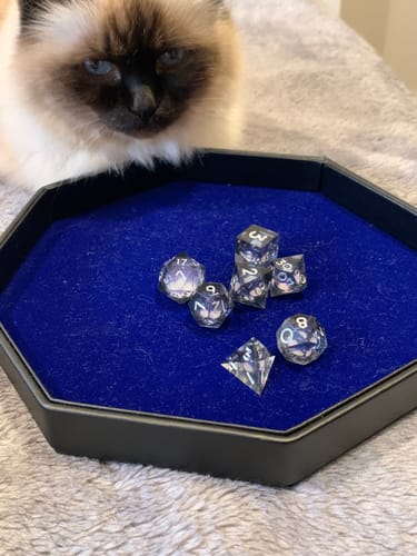 Customer photo review of URWizards D&D Starry Liquid Heart Resin Engraved Dice Set