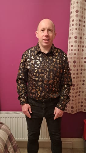 Customer photo review of Men's Christmas Print Regular Fit Holiday Button Dress Long Sleeve Shirt