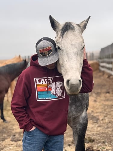 Customer photo review of Lazy J Ranch Sunset Retro Pullover Hoodie - Maroon