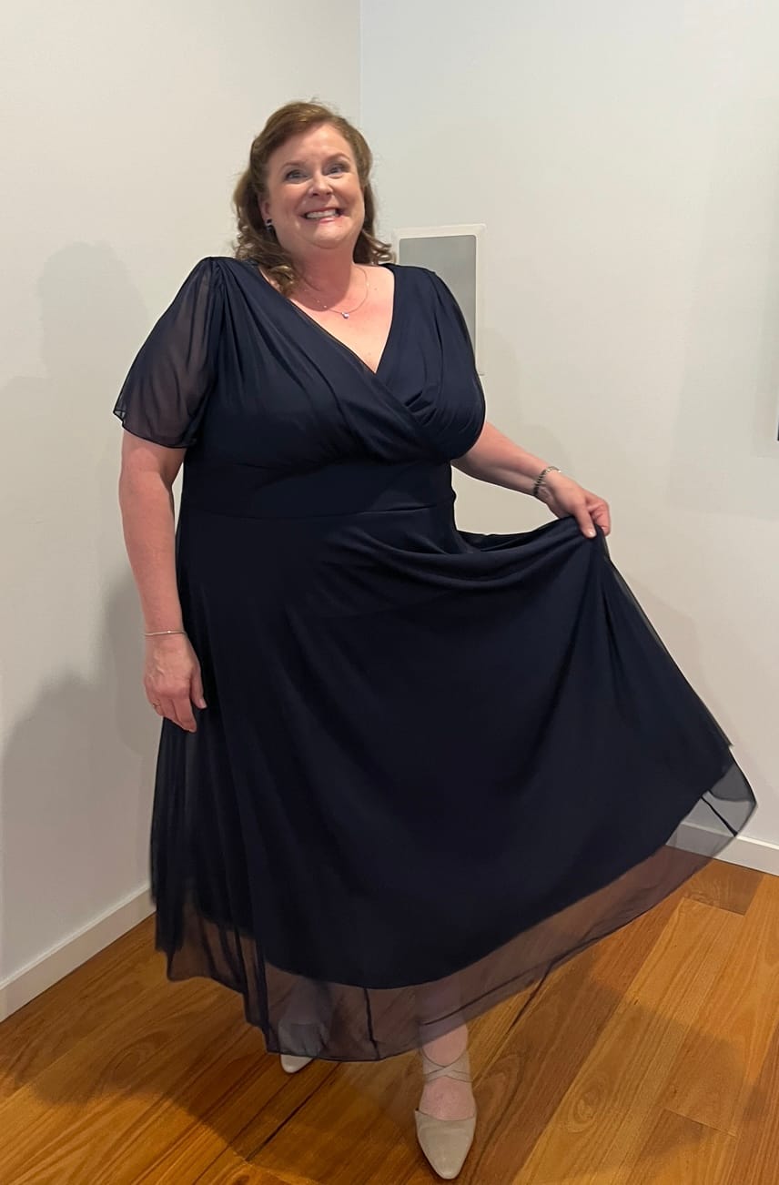 Customer photo review of Victoria Solid Navy Angel Sleeve Mesh Midi Dress