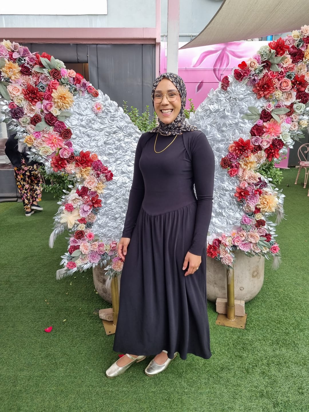 Customer photo review of Black Boat Neck Drop Waist Midi Dress