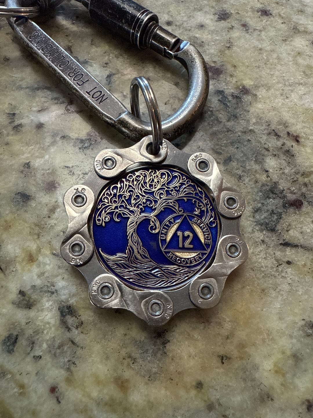 Customer photo review of 1 to 50 Year Sobriety Mint Twisted Tree of Life Gold Plated AA Recovery Medallion/Chip/Coin - Blue