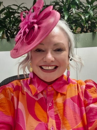 Customer photo review of Fallon Shirt Dress In Pink and Orange Multi Print