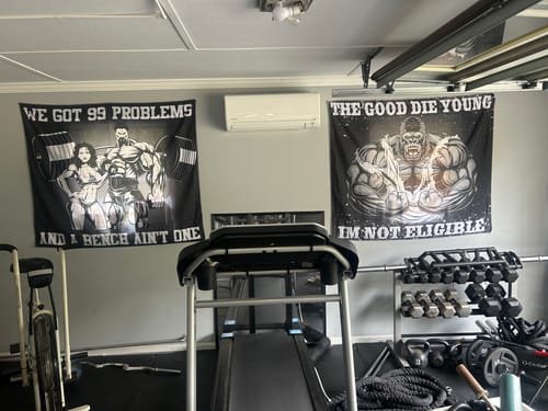 Customer photo review of Muscle Gorilla Gym Flag for Home and Garage Gym - Customized Workout Flags 10286