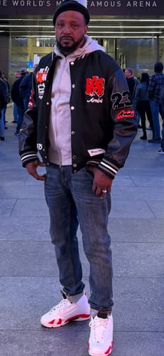 Customer photo review of AMIRI Varsity Vintage Patch Bomber Jacket