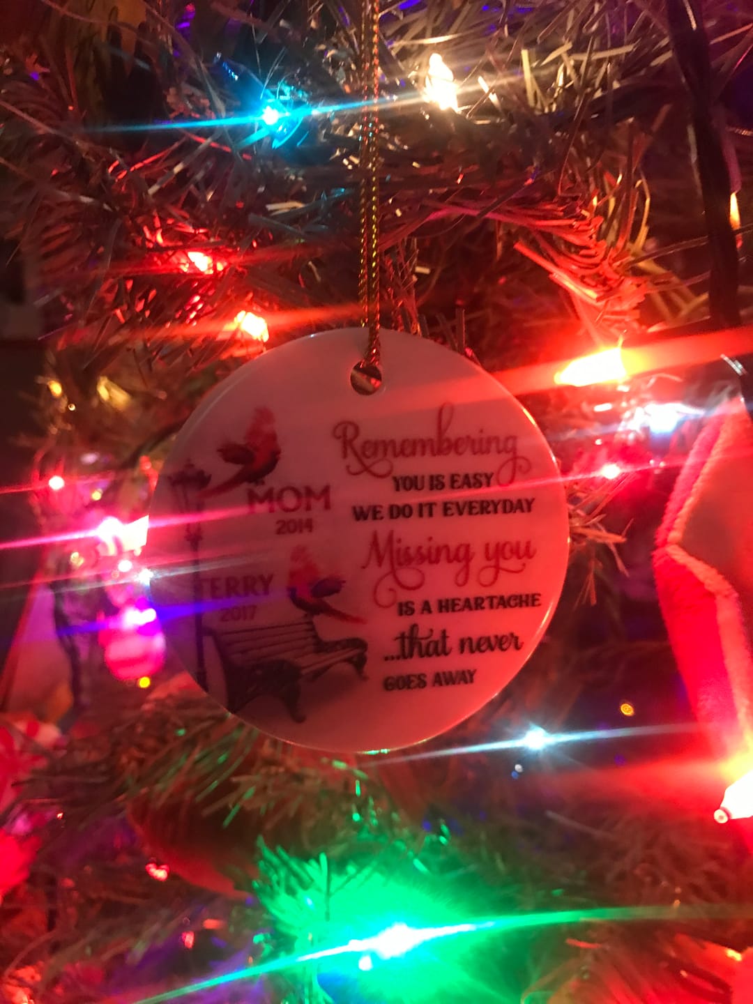 Customer photo review of Cardinals Winter Memorial Personalized Circle Ornament