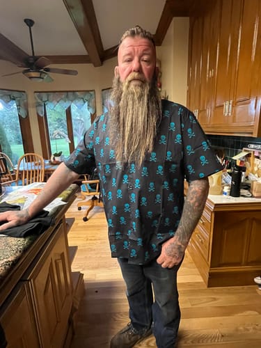 Customer photo review of Men's Skull Punk Rock Holiday Beach Cotton Breathable Cool Summer Short Sleeve Shirt