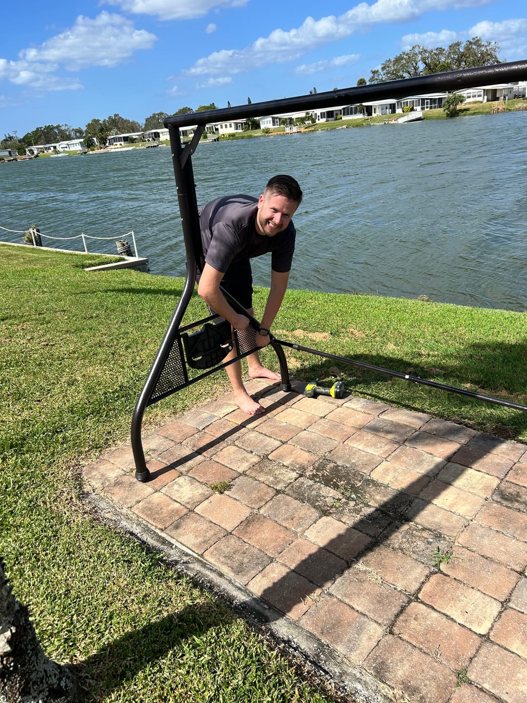 Customer photo review of 3-Seat Outdoor Porch Swing with Adjustable Canopy and Backrest,Blue