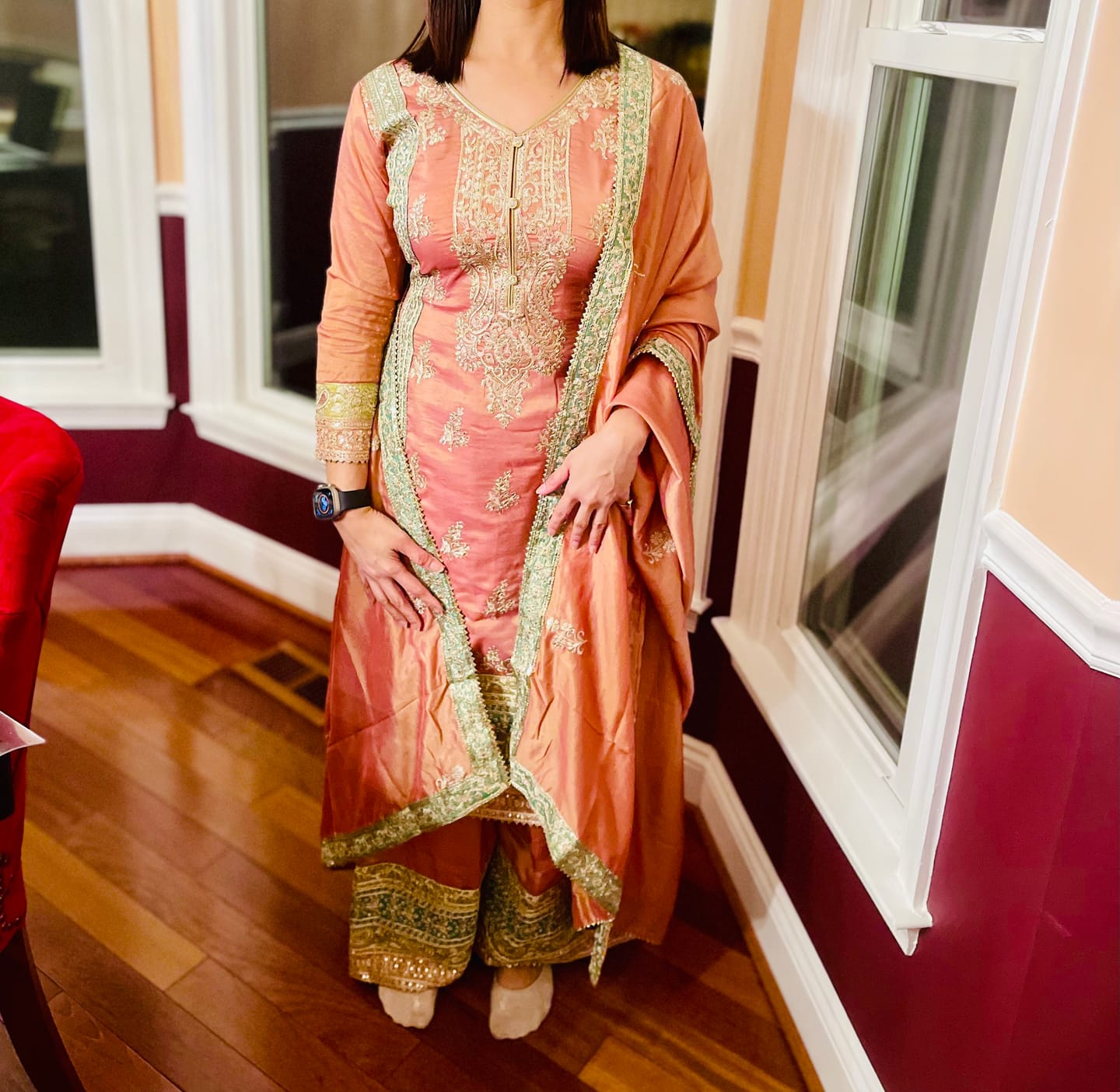 Customer photo review of Beautiful Stitched Designer Chinon Fabric & Embroidery Work Salwar Kameez Plazzo Suit