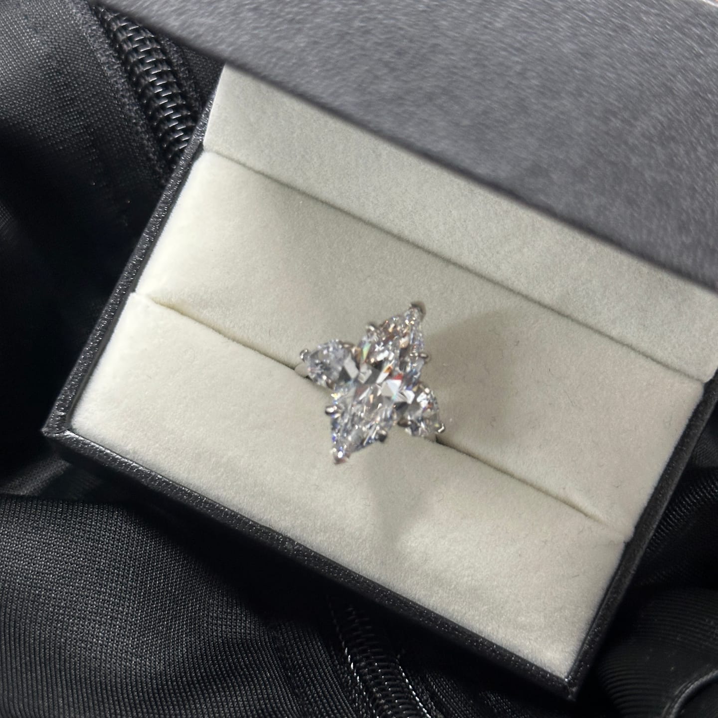 Customer photo review of Louily Marquise Cut Three Stone Engagement Ring In Sterling Silver