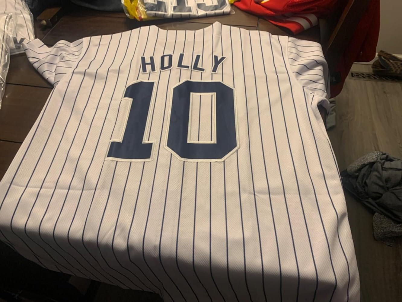 Customer photo review of Custom White Navy Stripe Fashion Authentic Baseball Jersey