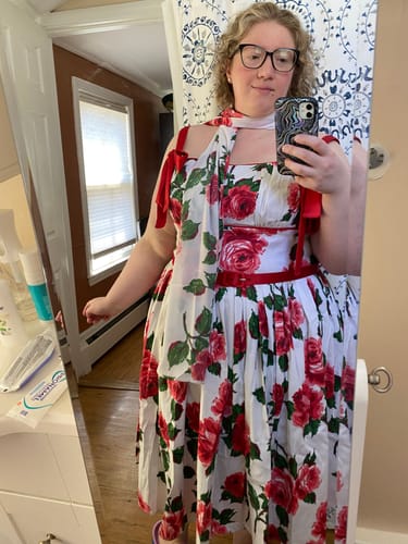 Customer photo review of 1950s Swing Sundress and Scarf in Red Vintage Roses - Vixen by Micheline Pitt