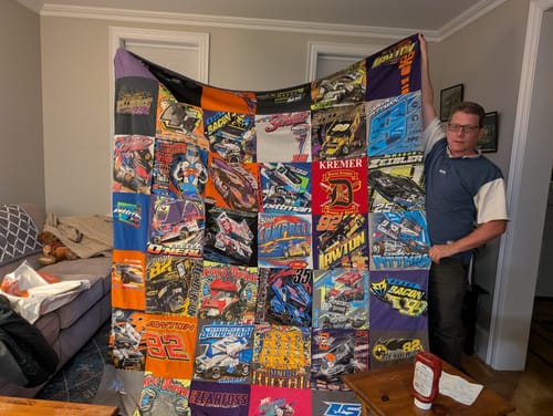 T-shirt quilt with dirt track racing, motorsports themes by Wendy from PA