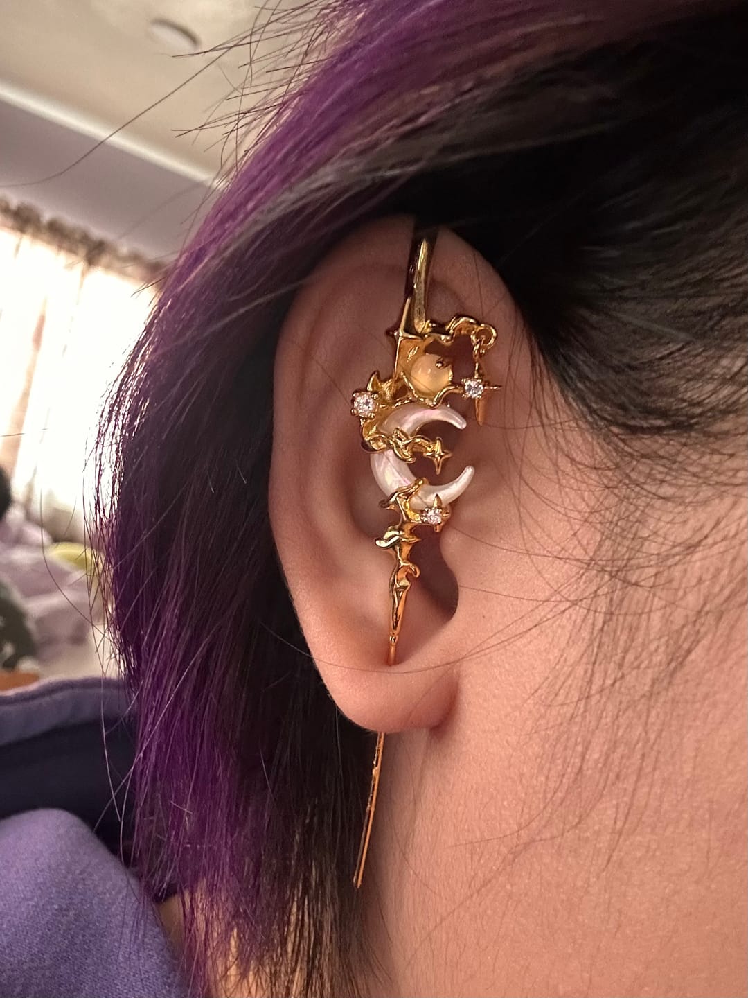 Customer photo review of "MYTH OF THE MOON" 925 Sterling Silver Statement Celestial Moon Dangle Needle Piercing Earring