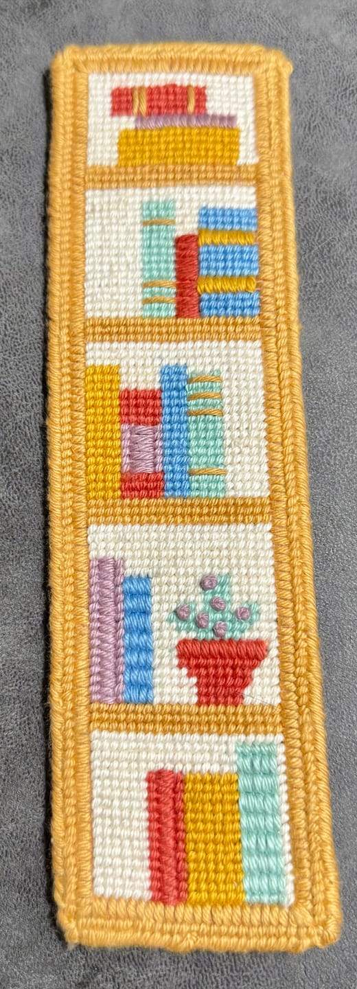 Customer photo review of Bookshelf Wealth Bookmark Needlepoint Kit
