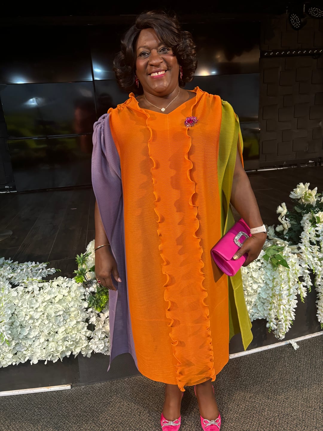 Customer photo review of LEAH MICRO PLEAT EDGY DRESS (Orange)