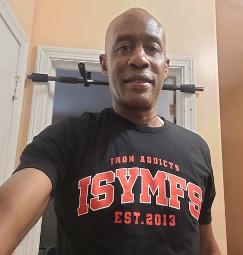 Customer photo review of Iron Addicts ISYMFS Est 2013 Gym Clothing Tee Shirt