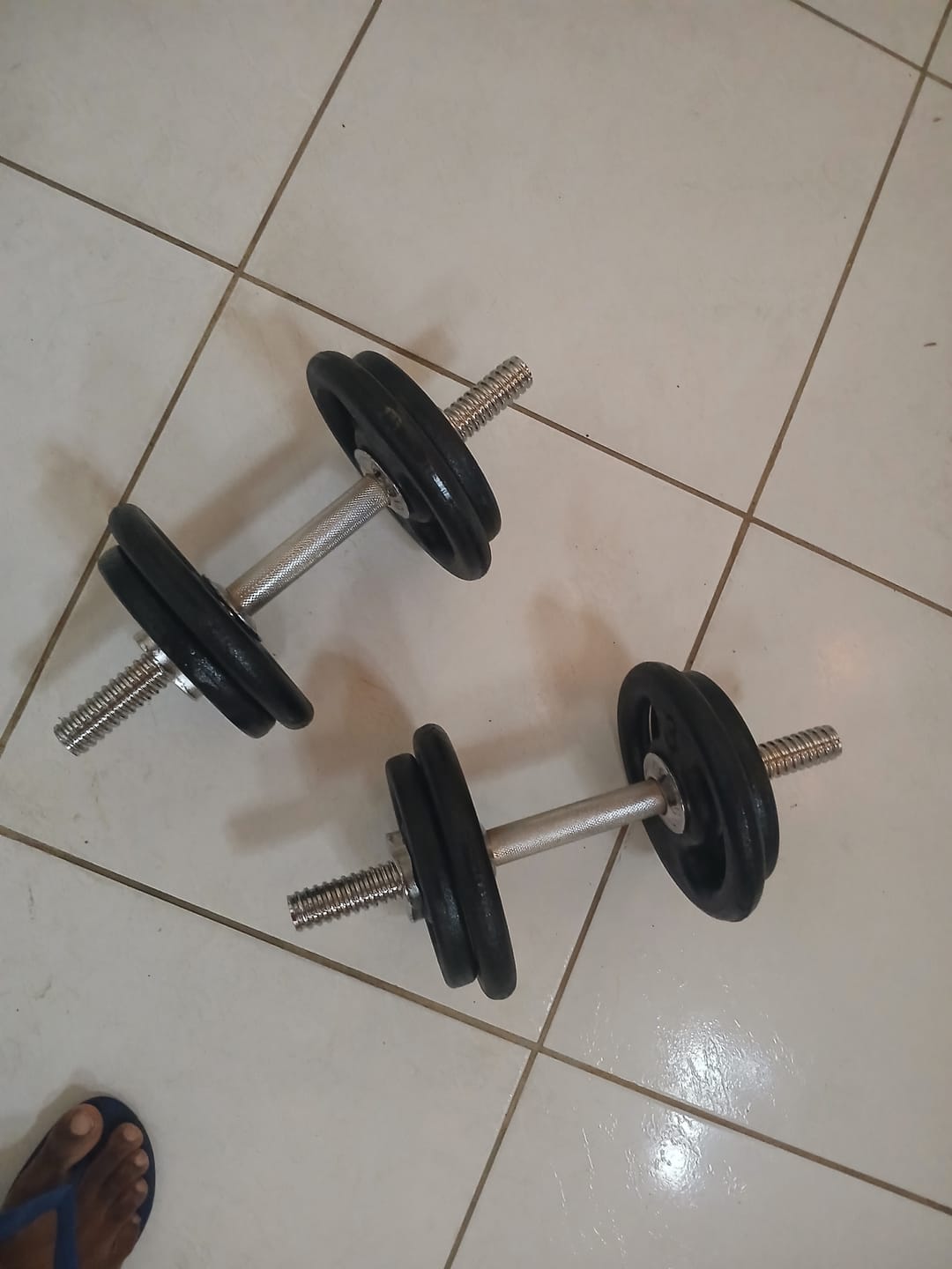 Customer photo review of Kit Treino Com Par Halteres Barra 40cm + 20kg Anilhas Pintadas