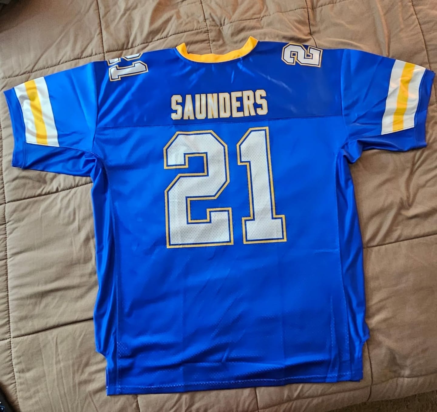 Customer photo review of Custom Royal White-Yellow Classic Style Mesh Authentic Football Jersey