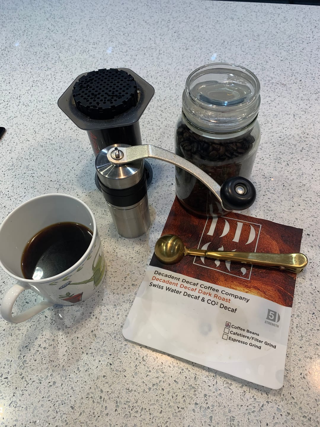 Customer photo review of Decadent Decaf Dark Roast Decaffeinated Coffee Blend - Swiss Water Decaf/CO2 Process - Strength 5