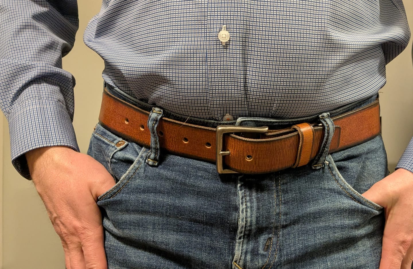 Customer photo review of The Canyon Belt - Tan Leather Belt with Charred Edges