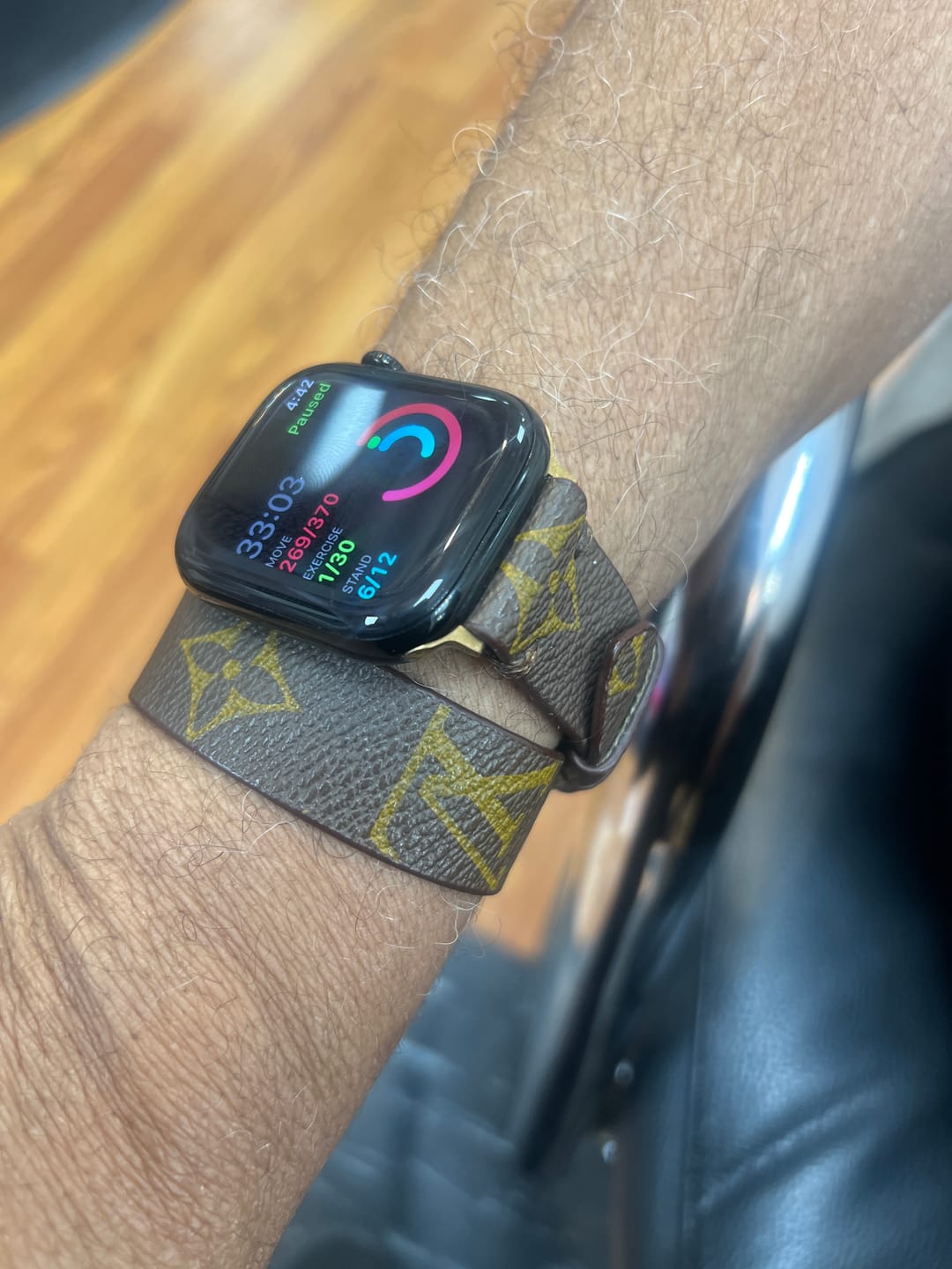 Customer photo review of Handmade Re-Purposed Double Turn Classic Brown Monogram Band for Apple Watch Series 1-8