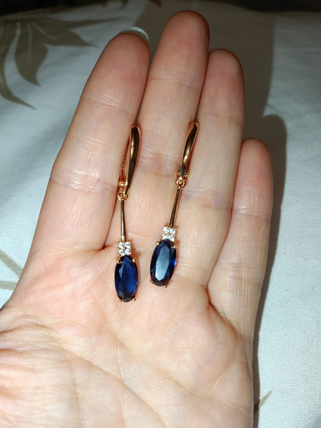 Customer photo review of Rose Gold Plated Copper Long Dangle Earrings Oval Blue Zircon — Blue | KIMLUD