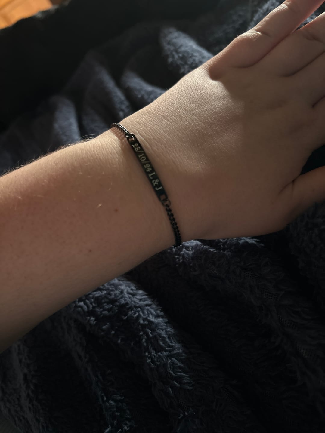 Customer photo review of Personalised Black Matching Couples Bracelets with Link Chain