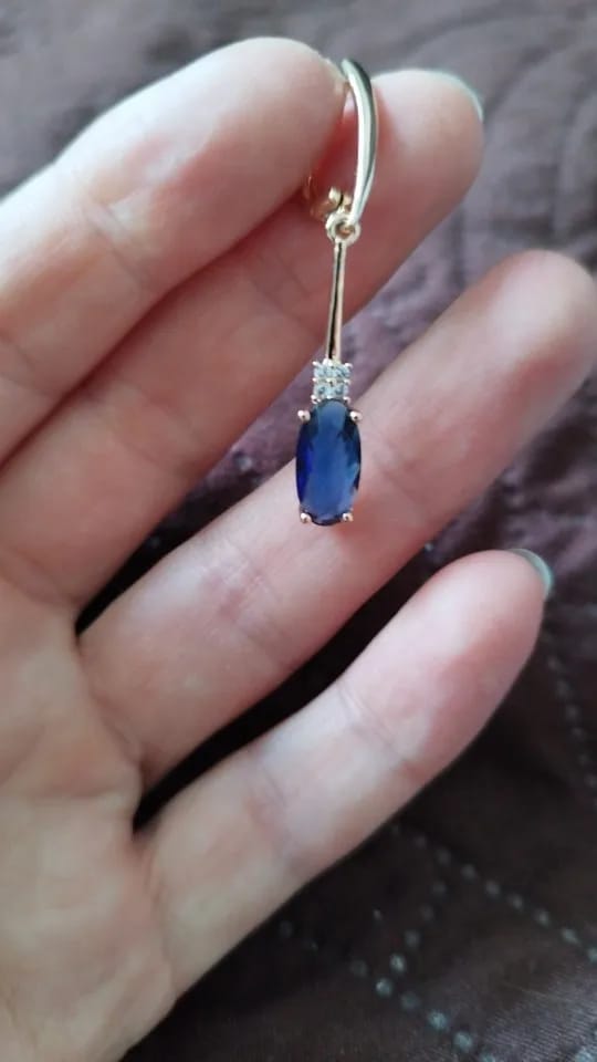 Customer photo review of Rose Gold Plated Copper Long Dangle Earrings Oval Blue Zircon — Blue | KIMLUD