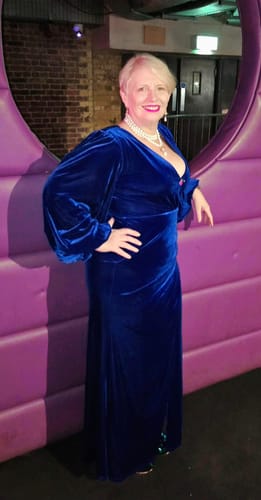Customer photo review of Film Noir Gown and Turbanette in Blue Velvet - Vixen by Micheline Pitt