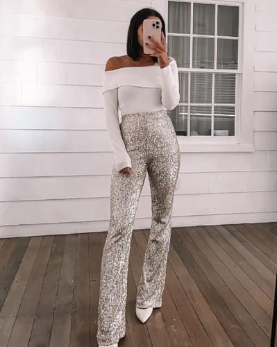 Customer photo review of Diva Sequin High Rise Elastic Waist Flare Pants