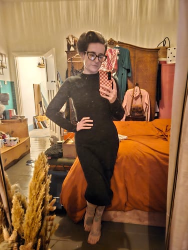 Customer photo review of PRE-ORDER - Reversible Spider Web Knit Wiggle Dress in Black - Vixen by Micheline Pitt