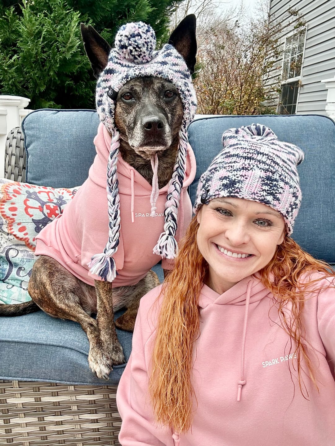 Customer photo review of Human Pompom Hat - Pink Grey Navy