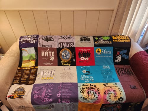 T-shirt quilt with bowling, theater themes by KATHLEEN from IN