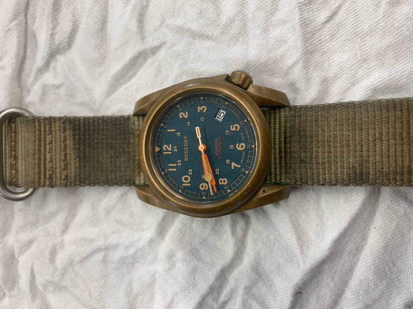 Customer photo review of VOYAGER - 100M Waterproof Bronze Automatic Field Watch | Sandstone Green