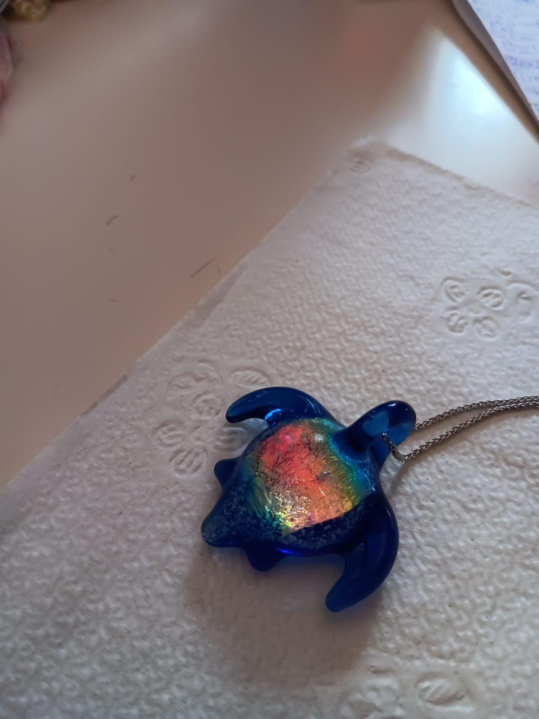 Customer photo review of Dichroic Turtle Pendant with Infused Cremation Ashes