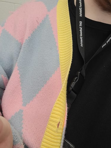 Customer photo review of Blue and Pink Argyle Cardigan