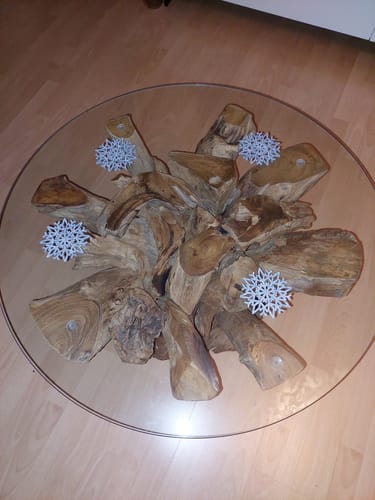Customer photo review of Handgearbeiteter Couchtisch IKAL aus Wurzelholz inkl. Glasscheibe Ø 80 cm