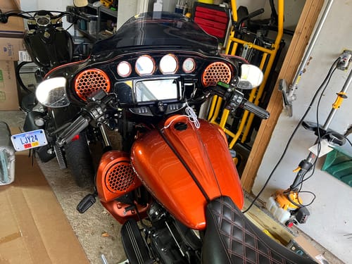 Customer photo review of HR3 Scorched Orange / Black Denim Vented Lower Fairing Kit For Harley Touring models 2014-2024