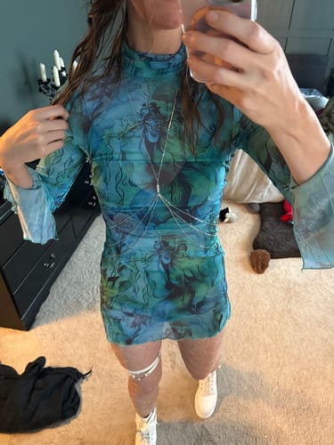 Customer photo review of Sheer mesh see through print high neck slit long sleeve mini dress