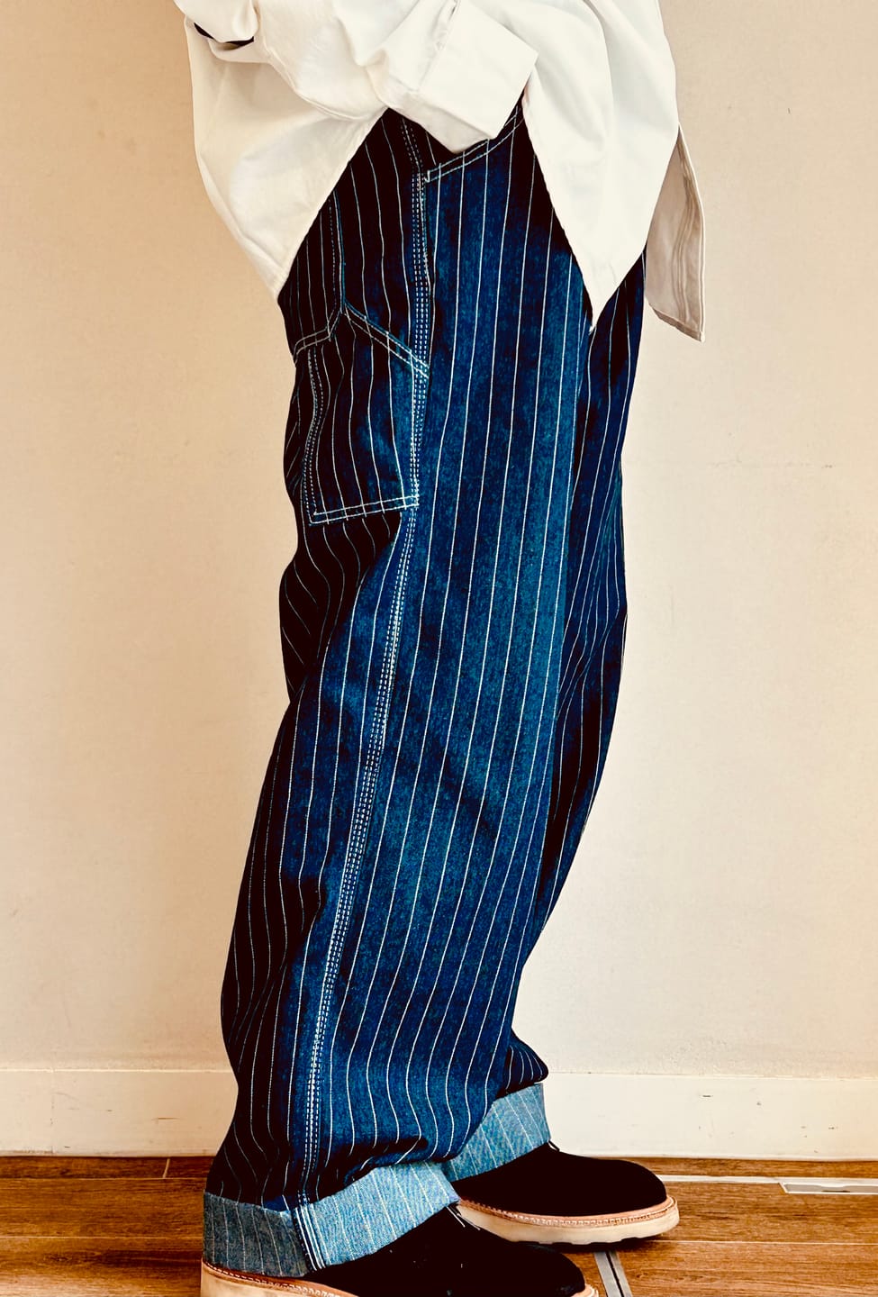 Customer photo review of サスペンダー付きストライプワークパンツ
