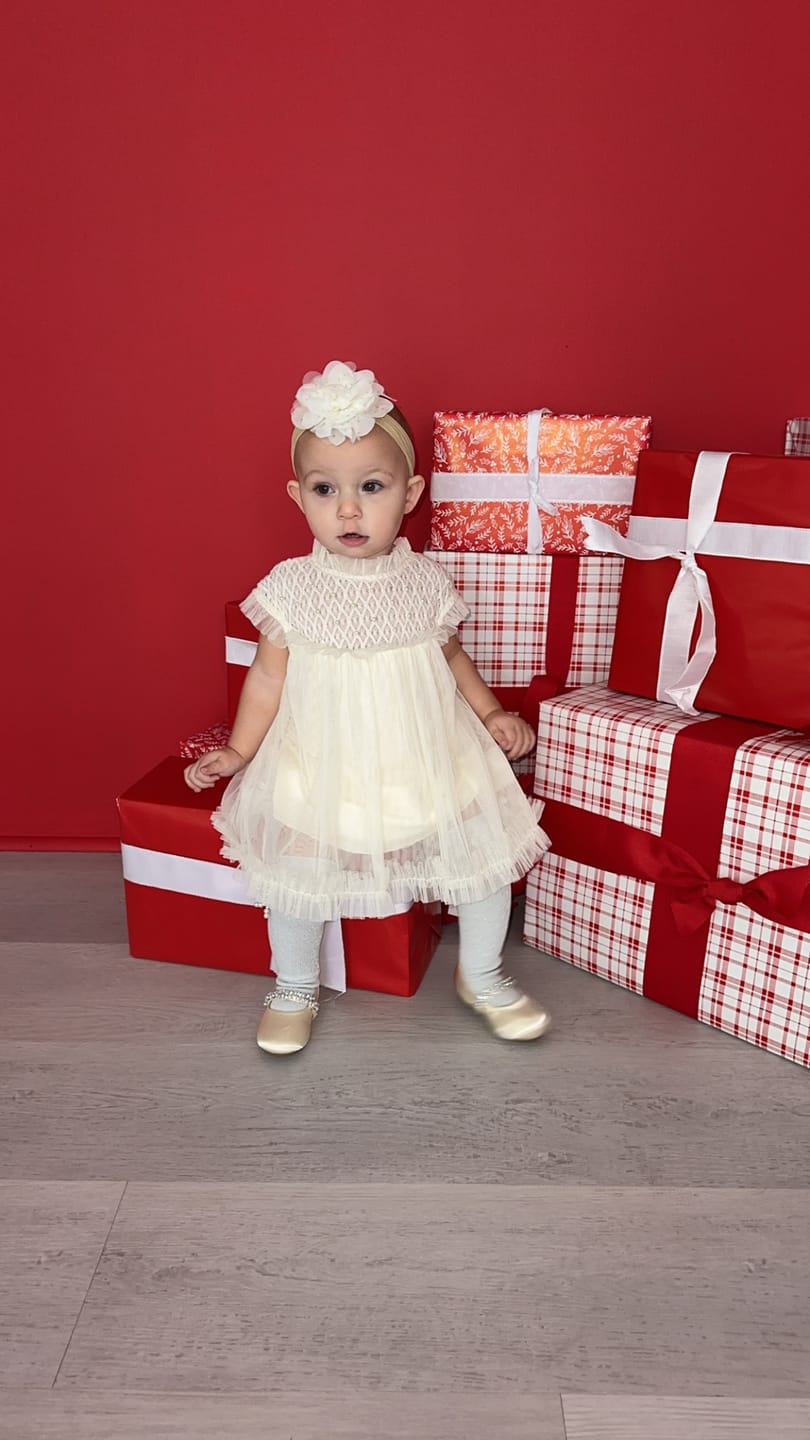 Customer photo review of Bella Buttermilk Tulle Blouse and Bloomers Set